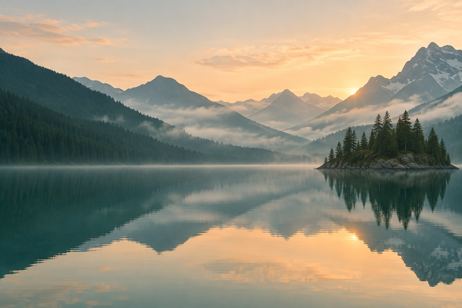 Mist lifting over a quiet lake at sunrise